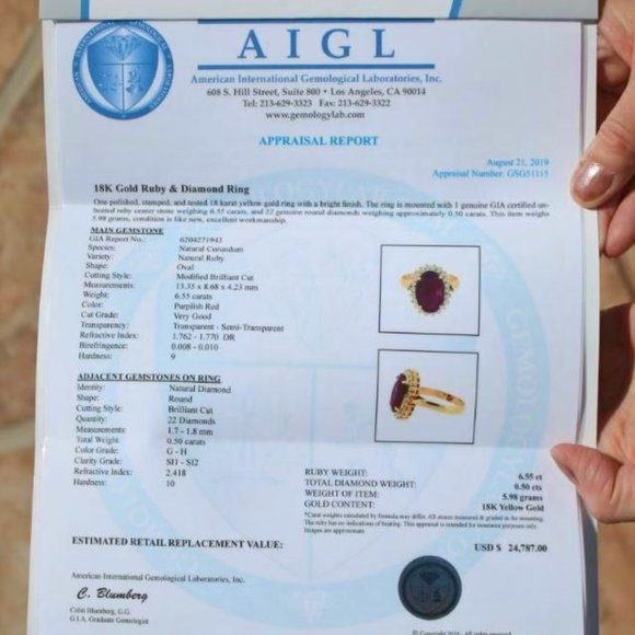 Longido Ruby 6.55ct Diamonds 18K Solid Gold Ring - Picture 4 of 9